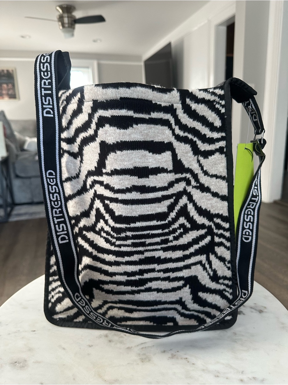 Distressed NYC Zebra Jacquard Knit Messenger Crossbody Bag – NWT